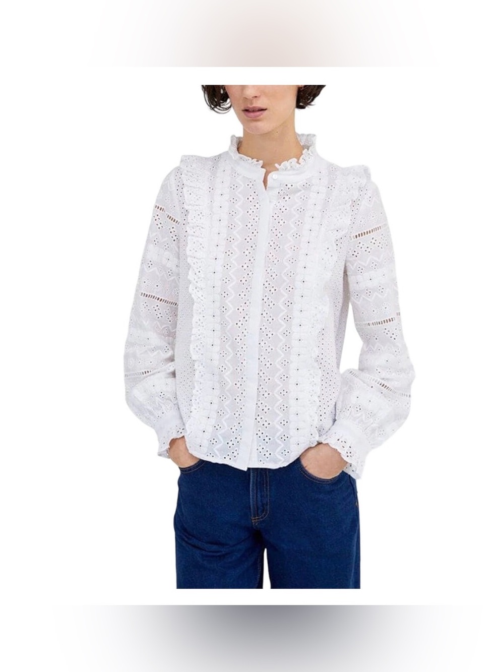 Zara Cottagecore Romantic White Lace Blouse Ruffled Eyelet Long Sleeve Shirt M